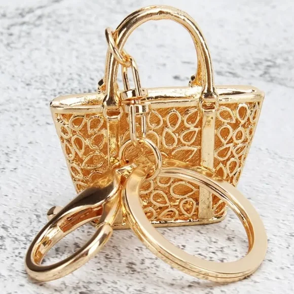 🆕️ Golden Leopard Pattern HandBag Rhinestone Keychain Purse Charm ~ Gift Glam